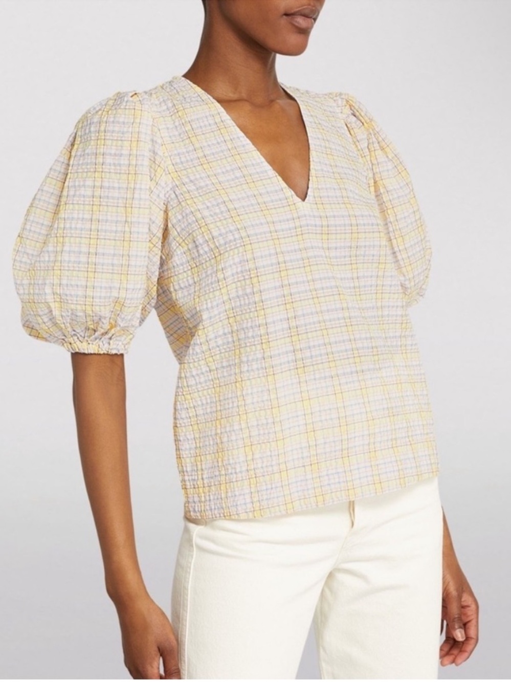 Ganni Yellow and Cream Plaid Checkered Puff Sleeve Blouse Size EU 42 / Large